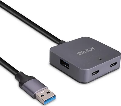 Produktbild von Lindy 43388, USB 3.2 Gen 1 (3.1 Gen 1) Type-A, USB 3.2 Gen 1 (3.1 Gen 1) Type-A, USB 3.2 Gen 1 (3.1 Gen 1) Type-C, 5000 Mbit/s, Schwarz, Grau, Aluminium, Kunststoff, 5 m
