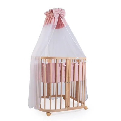 Produktbild von Mobiles Babybett aus Holz 7in1 mit Matratze, mitwachsend,Stoffe lachs,Holz natur