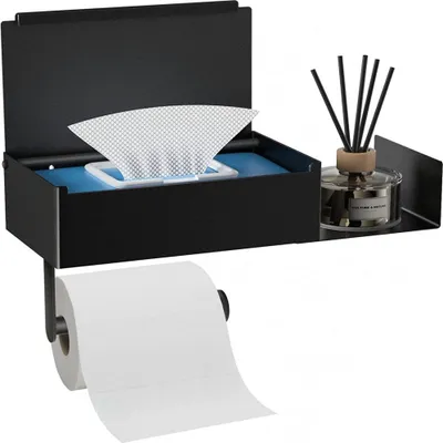 Produktbild von Edelstahl Toilettenpapierhalter Schwarz mit Feuchttuchhalter und Ablage, Toilettenpapierhalter mit Ablage