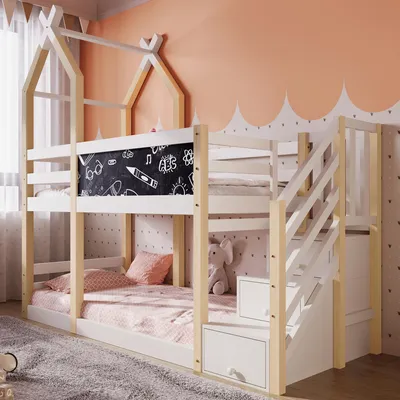 Immagine prodotto di MODFU Letto a soppalco per bambini, 90x200 cm, con scrivania, letto a castello con protezioni laterali, letto in legno con doghe, letto per adolescenti, struttura del letto, colori: naturale e bianco