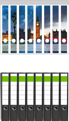 Produktbild von Wallario 8 Stück schmale Ordner inkl. Klebeetiketten mit Motive London- Big Ben bei Nacht -  Set mit Rückenschildern / Ordnerrücken Stickern
