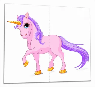 Produktbild von Wallario Herdabdeckplatte aus Glas, Größe 60 x 52 cm 2-teilig, Motiv Einhorn in rosa mit Schweif in lila