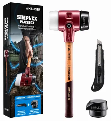 Immagine prodotto di SIMPLEX-Plusbox starter kit, mazza SIMPLEX soft-face D80, in gomma/superplastica, con alloggiamento in ghisa malleabile e un inserto a percussione in gomma con supporto e coltello da taglio | 3027s028