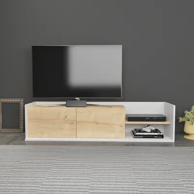 Produktbild von Decorotika Krog TV Möbel, für TVs bis zu 72" | Weiß & Eiche Hell