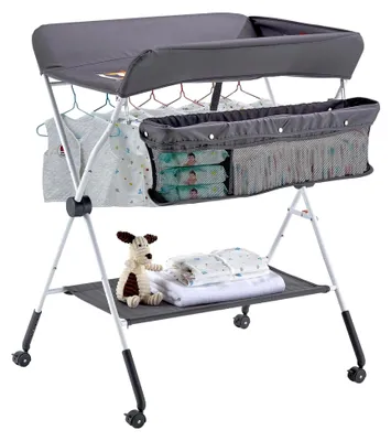 Produktbild von Wickeltisch, faltbare Wickelstation mit Seitenkorb, höhenverstellbar und tragbar, mit feststellbaren Rädern, multifunktionaler Aufbewahrungs-Organizer für das Kinderzimmer, dunkelgrau