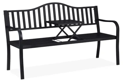 Immagine prodotto di Panchina da giardino Relaxdays con tavolino ribaltabile, a 3 posti, robusta, da giardino, in metallo, per balcone, L x P x A 89 x 150 x 58,5 cm, nera