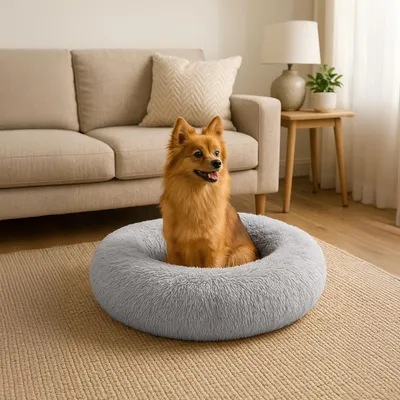 Obrázek produktu pro pelíšek pro psy belviona donut, plyšový pelíšek s měkkou výplní, bezpečným držením a ergonomickým okrajem, průměr 60 cm, světle šedý