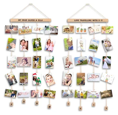 Image de Lot de cadres pour collages photo, comprenant 2 cadres muraux, 40 petites pinces en bois et 5 cordons en chanvre pour la décoration d'intérieur (autocollants lettres et chiffres inclus)
