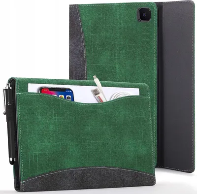 A green tablet case with a front pocket holding a phone, a stylus, and a charging cable. The case is shown open, with the back cover visible behind it.
