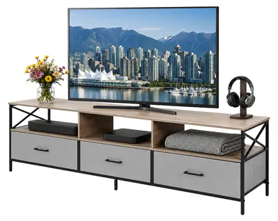 Produktbild von Relaxdays TV Lowboard, HxBxT: 50 x 170 x 40 cm, 3 Schubladen & Ablagen, MDF, Metall, Stoff, Fernsehtisch, greige/schwarz, KI-generiertes Bild