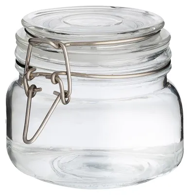 A clear glass jar with a metal clasp lid.