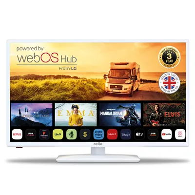 Produktbild von Cello 32″ Smart Camping LED TV mit webOS, Triple Tuner, Stereo Sound, 12V/24V/230V Multispannung – ideal für Wohnmobil & Wohnwagen, Farbe Weiß