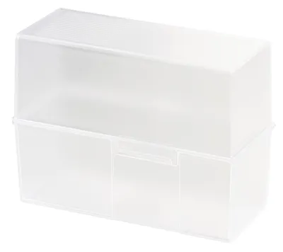 A clear studio shot of a translucent white plastic card file box with a lid.