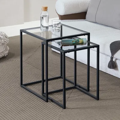 Immagine prodotto di Holstebro tavolino da salotto set di 2 tavolino da salotto 2 pezzi per camera da letto soggiorno in vetro e metallo set di tavolini quadrati in 2 misure nero/trasparente