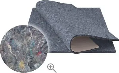 A close-up view of a gray felt mat with a magnified section showing the fibrous texture.