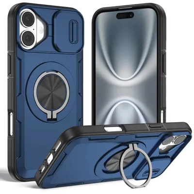 Produktbild von Magnetische Hülle für iPhone 16, Militär Stoßfest Handyhülle mit Kameraschutz und Ringhalter Ständer Blau