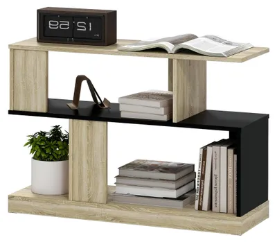 Produktbild von S-förmiger Beistelltisch, dreistufiges Sofaende mit Aufbewahrungsregalen, Couchtisch für Wohnzimmer und Schlafzimmer, 90 x 30 x 61 cm, natürlicher und schwarzer Holzeffekt