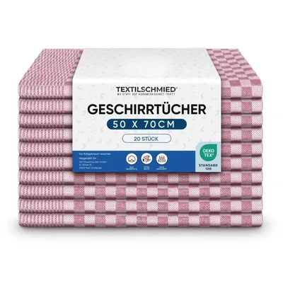 Produktbild von Textilschmied 20er Set Premium Geschirrhandtücher, 100% Baumwolle, saugstark, rot kariert, 50x70 cm 210 gsm Grubentücher