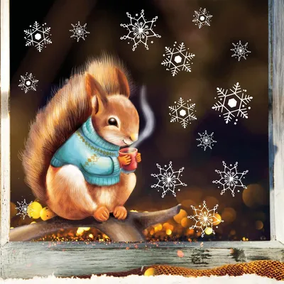 Produktbild von Fensterbilder für Weihnachten mit Eichhörnchen im Pullover – Wiederverwendbar – A4 Bogen – Weihnachtsdeko für das Kinderzimmer