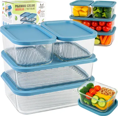 Zdjęcie produktu dla SuperButelki - 4x Pojemniki szklane MODULAR do przechowywania żywności z plastikowymi pokrywkami, komplet pojemników do lodówki