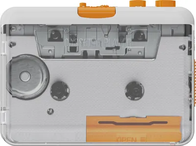 A clear, front-facing view of a portable cassette player with its transparent casing revealing the internal components.