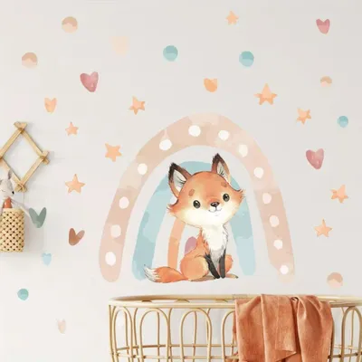 Produktbild von Kinder Wandtattoo Tier Sticker Fuchs Regenbogen Herzen Sterne Abnehmbar Wiederverwendbar Schlafzimmer Kinderzimmer Deko