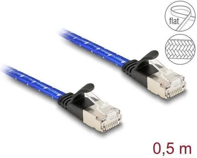 Produktbild von Delock RJ45 Flachband Netzwerkkabel mit Geflechtmantel Cat.6A U/FTP 0,5 m blau