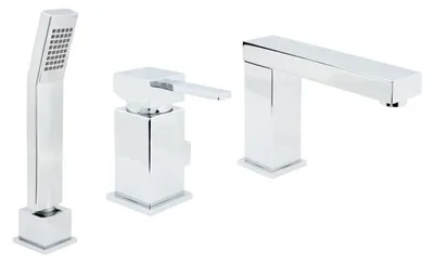 A set of three chrome bathroom fixtures, including a handheld showerhead, a faucet handle, and a bathtub spout, arranged on a white background.