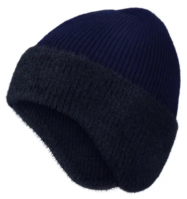 Produktbild von Strickmütze Uni Wintermütze mit Ohrenklappen Marineblau Polyester