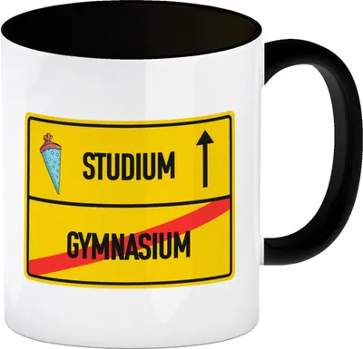 Produktbild von Studium Ortsschild Kaffeebecher Schwarz zum Studienbeginn