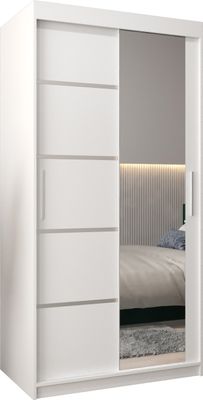 Schlafzimmerschrank mit Zwei Schiebetüren, Kleiderschrank mit Spiegel, Kleiderstange und Regalen, VERONA 2 100 cm - Mattweiß