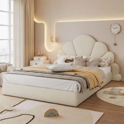A bedroom scene with a bed, curtains, and decorative items.