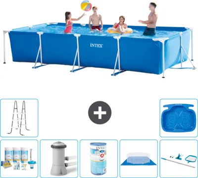 Obrázok produktu pre Bazén Intex s obdĺžnikovým rámom - 450 x 220 x 84 cm - modrý - súčasťou dodávky Balík údržby - Filtračné čerpadlo pre bazén - Filter - Podlahová plachta - Čistiaca súprava - Rebrík