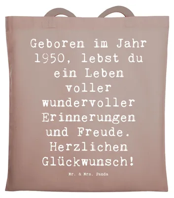 Produktbild von Mr. & Mrs. Panda Tote Bag Spruch 1950 Geburtstag - Braun Pastell - Geschenk, Abenteuer, Jutebeutel, Geboren im Jahr, Tasche, Tragetasche, Geburtstagsgeschenk, Geburtsjahr