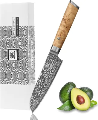 Produktbild von Zayiko Kinone Damast Kleines Santokumesser I 12 cm Klinge I Wurzelholzgriff Birke