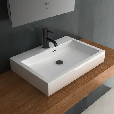 Produktbild von Alpenberger Waschbecken 60 cm Breit | Aufsatzwaschbecken mit Hahnloch für Armatur | Aufsatzwaschtisch aus Mineralguss | Waschplatz Rechteckig für Bad & WC | Modernes Lavabo Weiß