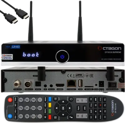 A product shot of a satellite receiver and its remote control, with cables in the background.