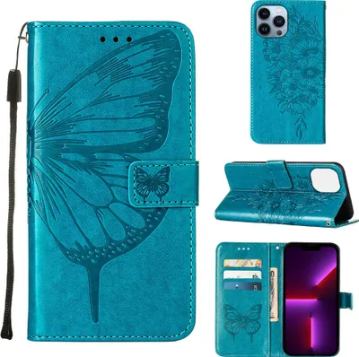 Produktbild von iPhone 13 Pro Hülle, Schmetterling Prägung Flip Leder Kartenfächer Schutzhülle Ledertasche mit Ständer für iPhone 13 Pro Blau