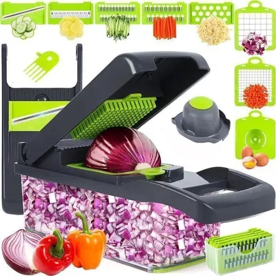 Obrázek produktu pro multifunkční kuchyňská mandolína 15 v 1 s 8 čepelemi z nerezové oceli, oddělovací vložkou a filtrem na cibuli, mrkev a jablka