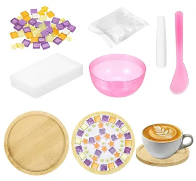 Image de Kit de mosaïque pour adultes, sous-verre rond en bois, dimensions 95x95x10 mm, à réaliser soi-même