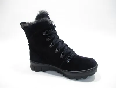 A black winter boot with fur trim is shown against a white background.