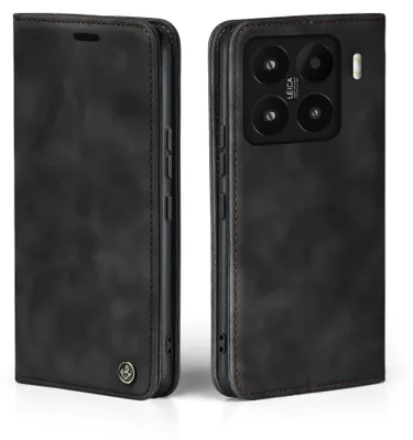 A black flip phone case for a Xiaomi 15 phone, shown from two angles.