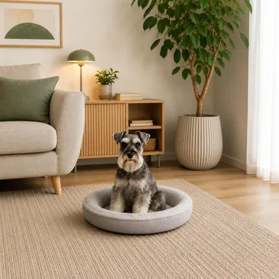 Produktbild von belviona Hundebett rund, Hundekorb in Doughnut-Form, abnehmbarer Bezug, waschbar & rutschfest, 55 cm Durchmesser, grau, KI-generiertes Bild