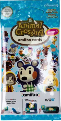 A sealed pack of Animal Crossing amiibo cards, series 3, with various characters depicted on the packaging.