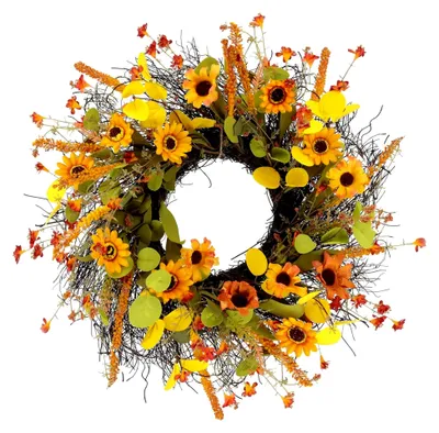 Produktbild von Herbstkranz 50cm Künstlich mit Sonnenblumen und Ahornblättern für Türdekoration