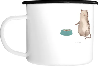 Produktbild von Mr. & Mrs. Panda Emaille Tasse Katze Fressen - Weiß - Geschenk, Pott, Teebecher, Teetasse, Große, Becher