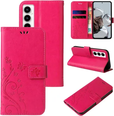 Collage of product images showing a pink floral butterfly flip phone case from different angles.