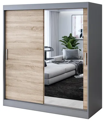 Zdjęcie produktu dla Szafa przesuwna - 180x200cm - Antracyt Mat/ Dąb Sonoma - Szafa przesuwna HUGO - z lustrem- do sypialni i garderoby