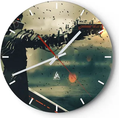 Produktbild von Wanduhr - Rund - Glasuhr - Zukunft Waffe künstlerisch - 30x30cm - Schleichendes Uhrwerk - Lautlos - zum Aufhängen bereit - Dekoration Modern - Wanddekoration aus Glas - C3AR30x30-3196