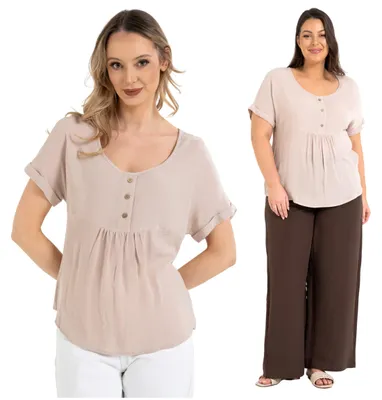 Imagen del producto de Moraj - Blusa para mujer, talla XXL - Blusa beige para mujer - Blusa de manga corta para mujer - Blusa de viscosa con cuello redondo